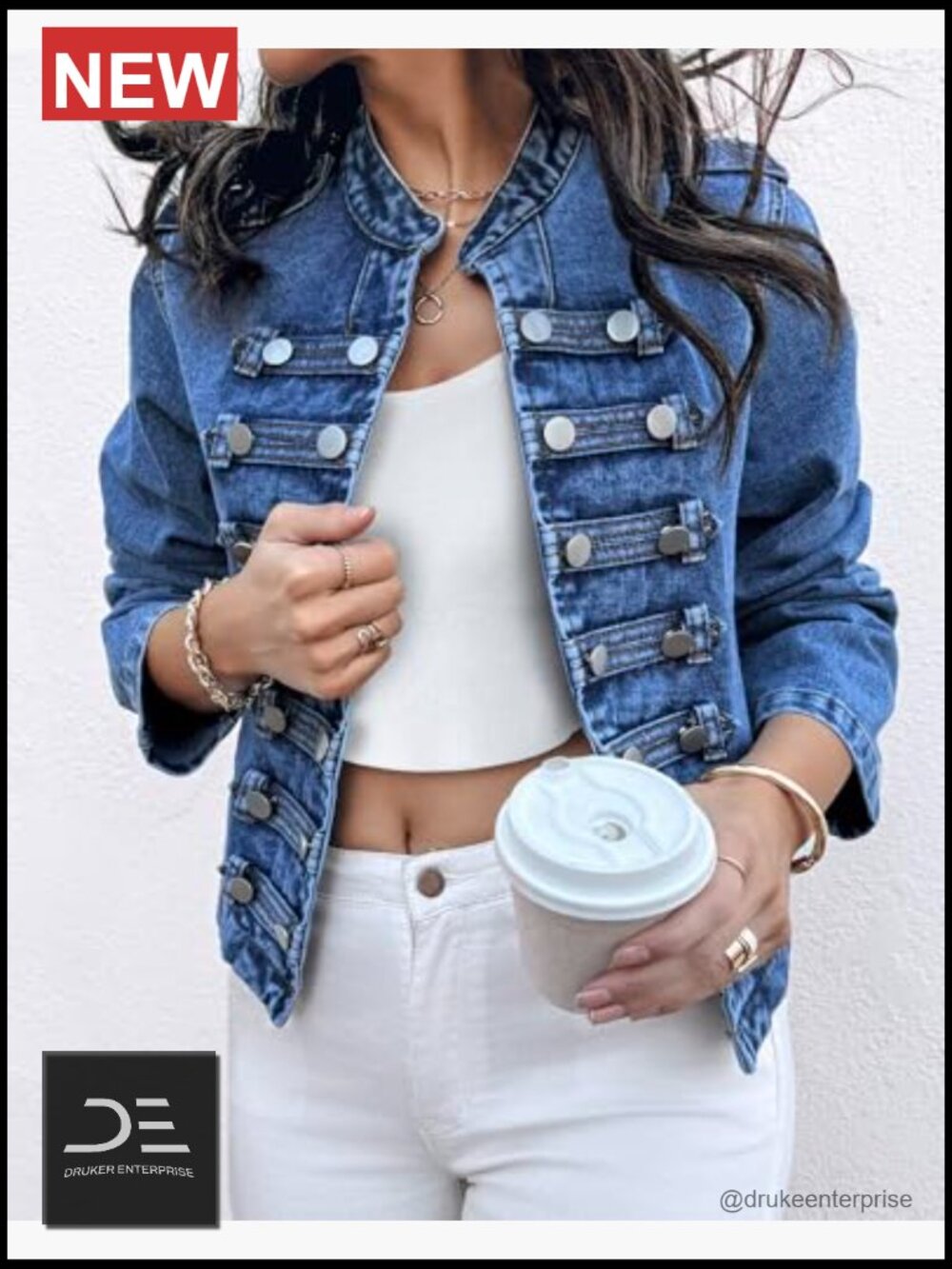 Denim Jacket Button Up Stand Collar Casual Long Sleeve Lightweight Fall Coat - Picture 4 of 7